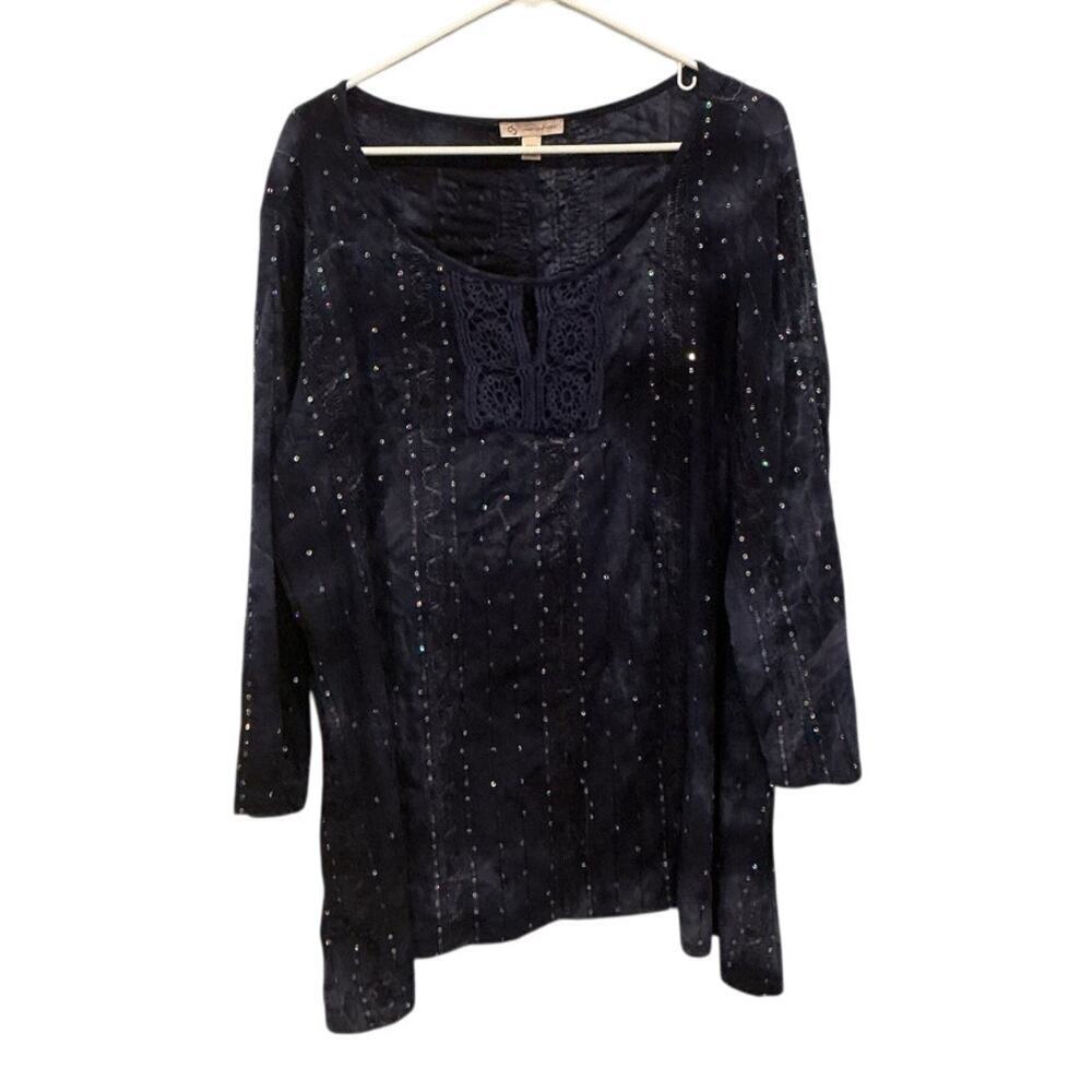 Vintage Womens Fairy Shirt Plus Size 3X Blue Sequin Embroidered Crochet Boho Y2K